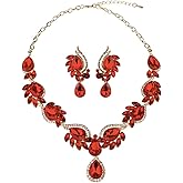 Secret for Longevity Gold Tone Antique Art Deco Vintage Retro Style Flapper Gatsby Ruby Red Rhinestone Statement Wedding Bridal Prom Necklace Earring Set