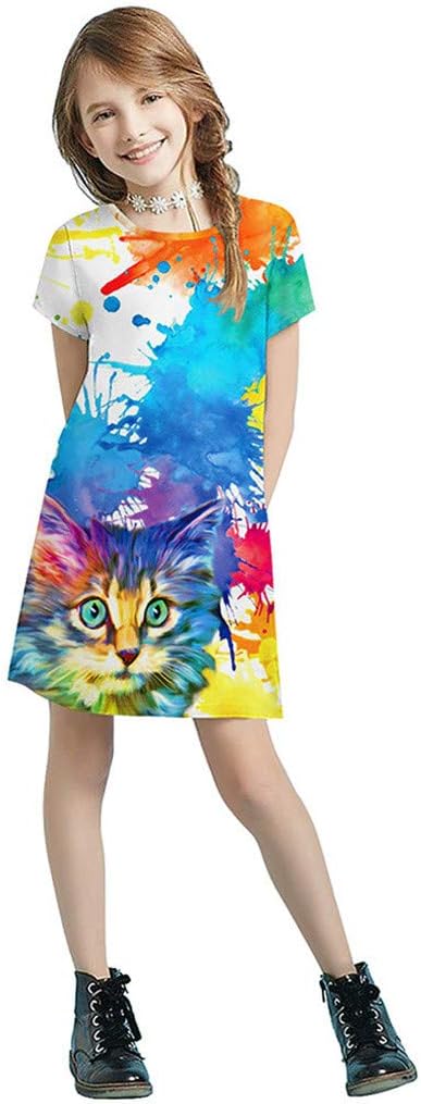 Summer Princess Dress 7-12 Years Big Kids Baby Girl Child Short Sleeve Pullover Butterfly Print T-Shirt Clothes