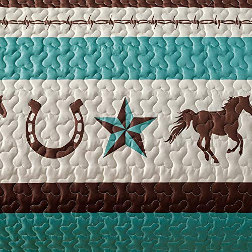 WPM WORLD PRODUCTS MART Western Teal/Beige/Brown Horseshoe, Horse, Barb Wire Cowboy Print Bedspread 3 Piece Southwestern Cabin Lodge Design Coverlet Quilt Set- JENA (Queen) - Thumbnail 2
