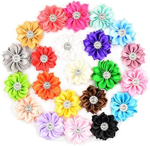 BERON 22 Pieces 1.5 Inch Handmade Satin Ribbon Rhinestone Flowers(AIH068)