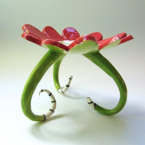 whimsical pottery Candleholder, Soap Dish Red & Lime green Flower Dish