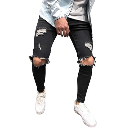 Beonzale Herren Freizeit Sporthose Feste Lose Jogginghose Skinny-Stretch-Denim-Hose für Herren Distressed Ripped Freyed Slim 