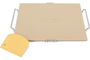 Unicook Pizza Stone for Oven and Grill, 15 x 12 Inch Rectangular Baking Stone for Bread, Cordierite Pizza Pan for Baking Crispy Bread, Pie and Cookies, Includes Carry Rack and Dough Scraper