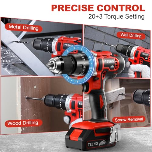 TEENO Cordless Drill Set, Hammer Drill Driver Set 20V 2x2.0Ah Li-Ion Battery, 1/2", with 15 Pieces Bits in Kitbox for Wood Drilling & Screwdriving/Fastening & Metal, Masonry