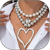 liveliwithmin Y2k Large Hollow Heart Necklaces for Women Big Chunky Heart Pendant Necklace Exaggerated Layered Double Hearts Gold/Silver Beaded Choker Necklace Dainty Statement Jewelry Gift
