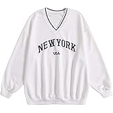 SOLY HUX Women's New York Letter Graphic Sweatshirt V Neck Long Sleeve Casual Pullover Top