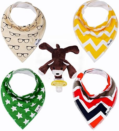 DREAM BEAR Baby Bandana Bibs 5 Pcs Set- Waterproof Baby Drool Bibs Soft Cotton Bandana Feeding Bib with Snaps(4Pack)+Plush Bear with Silicone Pacifier for Infant &amp; Toddler, Boys &amp; Girls.