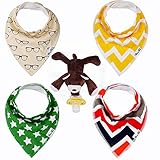 DREAM BEAR Baby Bandana Bibs 5 Pcs Set- Waterproof Baby Drool Bibs Soft Cotton Bandana Feeding Bib with Snaps(4Pack)+Plush Bear with Silicone Pacifier for Infant & Toddler, Boys & Girls.