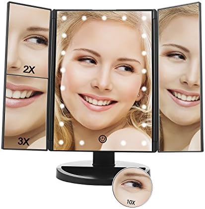 Lighted Makeup Mirror with 21 LED Lights, 10x/3x/2x Magnification, Tri-Fold Vanity Mirro with Touch Screen, Battery and USB Powered, Portable High-Definition Travel Cosmetic Mirror (Black)