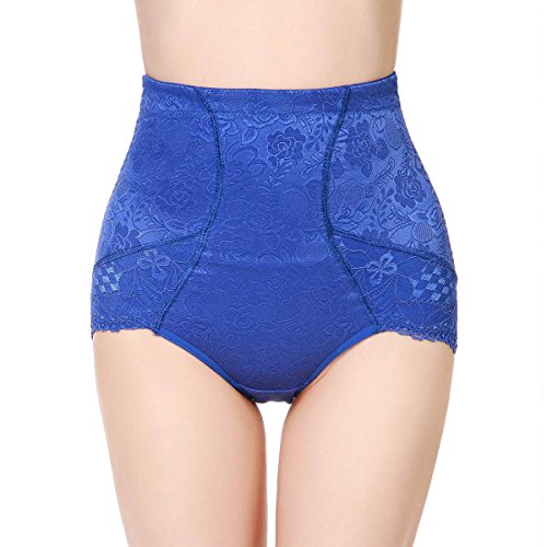 Shymay Women's Tummy Control Panties Lace Trim Sheer High Waist Brief Shapewear, Blue1, Tag size XL=US size Small