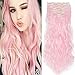S-noilite Clip in Hair Extensions Wave Curly Natural Synthetic Hairpiece 145G Thick 24 inch Light Pink for Women
