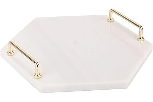 WORHE Marble Vanity Tray Decorative Tray with Gold Handles Hexagonal White for Perfume Jewelry Ring Display in Bathroom Counter Nightstand Modern (MTH1210)