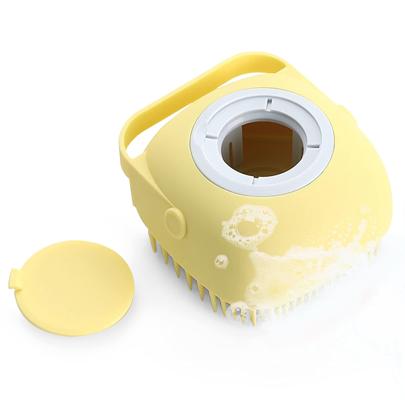 Pet Massage Brush, KiAKUO Dog Silicone Rubber Bathing Brush with Shampoo Dispenser for Dogs, Cats Silicone Massage Bath Brush for Pet Shower (Yellow)