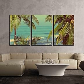 3 Piece Canvas Wall Art - Beautiful Blue Sea Landscape with Palm Leaves on Foreground - Vintage Retro Style - Modern Home Art Stretched and Framed Ready to Hang - 16"x24"x3 Panels