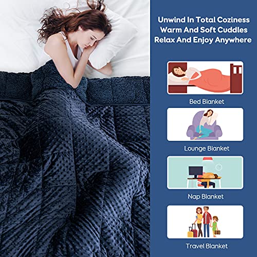 Sherpa Weighted Blanket 15 lbs for Adult, Cottonblue Luxury Comfy Bedding Blanket with Minky Dot Velvet, Dual Sided Soft Hug Blanket for Sofa Couch Bed Home Decor, Navy Blue, 60\'\'x80\'\'
