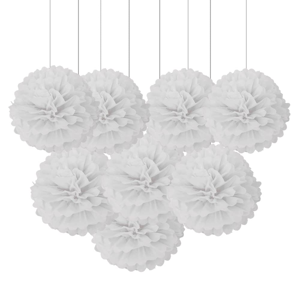 12pcs White Paper Pom Poms Decorations for Party Ceiling Wall Hanging Tissue Flowers Decorations - 1 Color of 12 Inch, 10 Inch