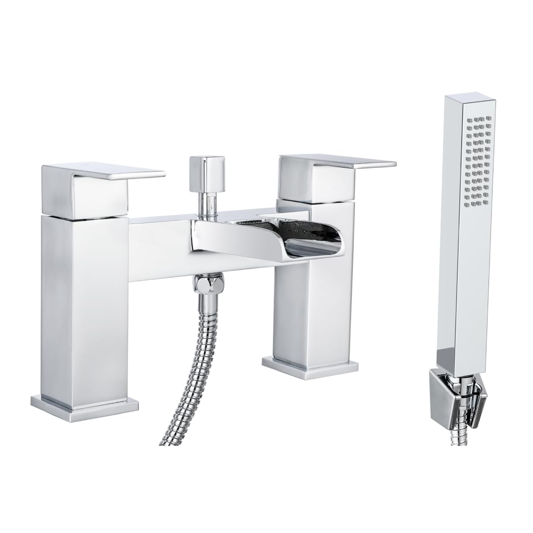 iBathUK Square Waterfall Bath Shower Mixer Filler Tap Kit, Hot and Cold Taps, Dual Lever Tap with Shower Attachment, Square Bathroom and Basin Taps - Chrome,G3/4"