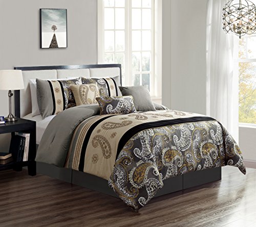 WPM 7 Piece Bedding set, Grey, Beige, Taupe Comforter with Accent pillows Bed in a Bag Paisley (Queen)