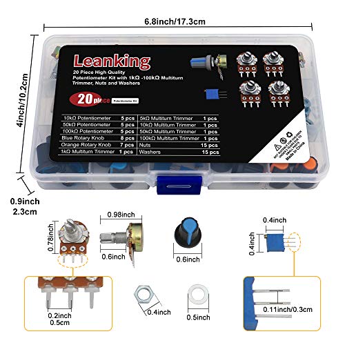 LeanKing 20 Piece Potentiometer Assortment Kit with 1Kohm -100Kohm Multiturn Trimmer, 1Kohm -1Mohm Single Linear-HighPrecision Variable Resistor with Nuts and Washers6