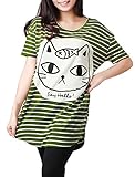 Allegra K Lady Short Sleeve Bar Striped Letters Detail Loose Tunic Shirt Green L