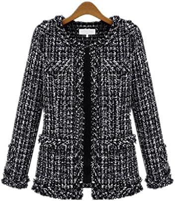 xiaoming Women's Elegent Long Sleeve Collarless Bomber Tweed Jacket Coat Black