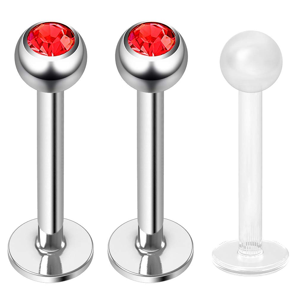 2pc 16g 1.2mm Surgical Steel Labret Bar Monroe Lip Ring Tragus Helix Earring Stud Piercing Jewellery 10mm Red