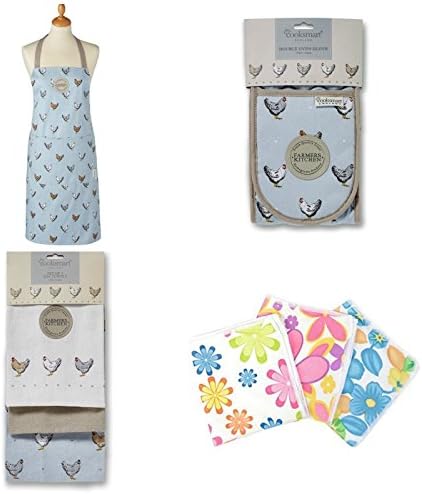 Mals Cooksmart Kitchen Pack Bundle, Tea towels, Oven Gloves and Apron Set. House warming present, New House gift set. Ideal present. Free 3 pack micro fibre floral cleaning cloths. (Farmers Kitchen)