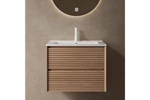 RAINLUX 24" Bathroom Vanity with Sink, Modern Floating Vanity with 2 Push Close Soft Close Drawer, Ceramic Basin with Sink Hole Cover and Drain, Oak & Plywood-Sedona, Natural Walnut