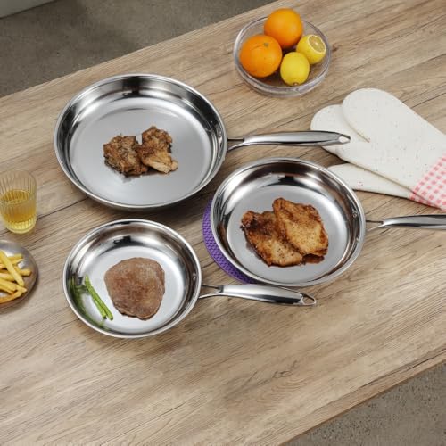 SanheKit - Set of 3 Stainless Steel Frying Pans Professional 3-Layer Pan Set, 20-25-30cm, Mirror Polished, Induction, Kitchen Pans, Frying Pans, Dishwasher Safe
