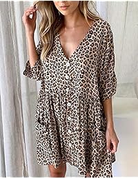 Vestido de mujer con cuello en V, manga corta, estilo hawaiano, con botones y bolsillos, estilo vintage