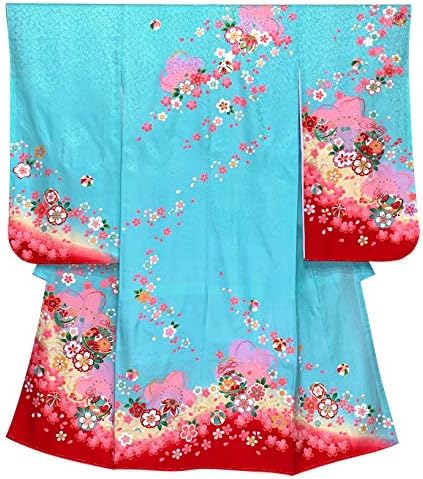 七五三 7歳 着物 正絹 日本製 女の子 絵羽付け 水色 Tnys749 蝶と菊 四つ身 本日限定