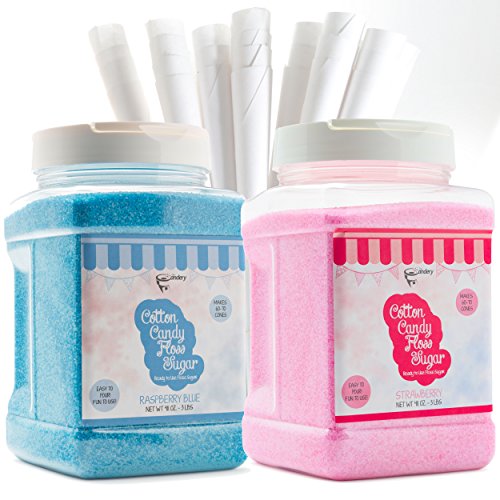 The Candery Cotton Candy Floss Sugar (2-Pack) Includes 100 Premium Cones | Raspberry Blue and Strawberry | Plastic…