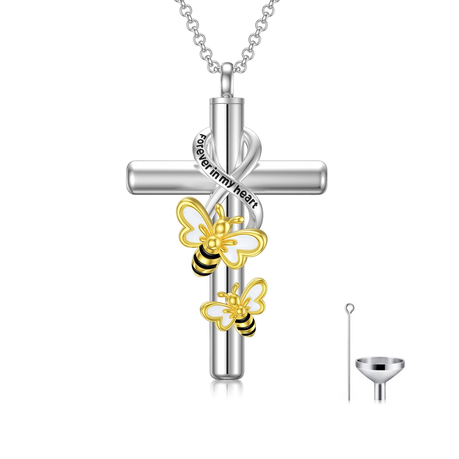 Flpruy Cross Urn Necklaces for Human Ashes 925 Sterling Silver Bee Urn Necklaces Cremation Keepsake Memorial Pendant Necklace for Ashes for Loved One Human Pet Forever in My Heart