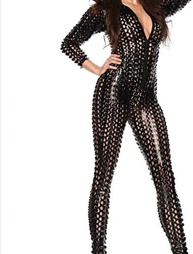 Jeapriont Women's 2Way Zipper Cross Crotch Faux Leather Bodysuit Stripper Catsuit