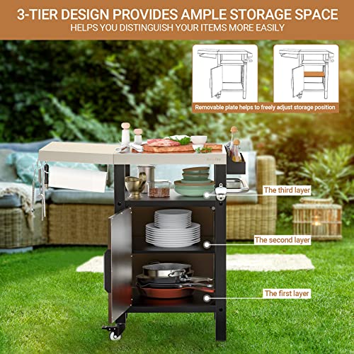 Onlyfire BBQ Storage Trolley, Garden Serving Table with Seasoning Box and Closed Storage Space for BBQ and Outdoor Cooking