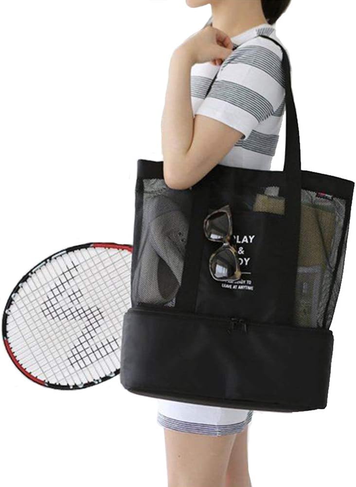HGDGears Travel Tote Bag Mesh Beach Bag Double Layer Insulated Picnic Bag Shoulder Bag Organizer Shopping Handbag for Women (black)