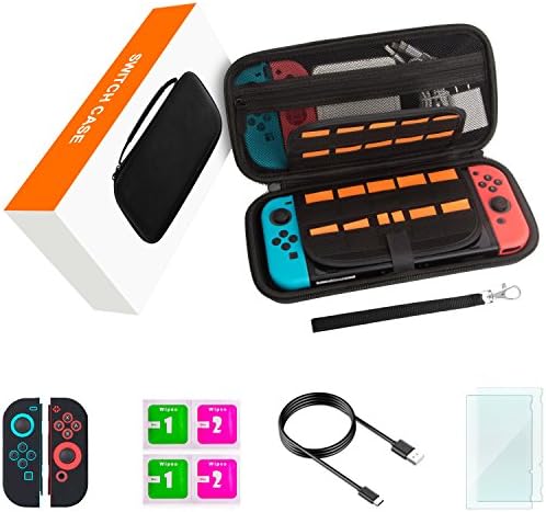 Nintendo Switch Case, Switch Accessories, Includes Carrying Case, Glass Screen Protectors, Joy-Con Skins, Charging Cable, Wipes, Hard Shell, 29 Games &amp; 2 Micro SD Holders, Starter Kit, Black