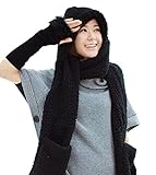 Tonwhar Womens Cute Winter Thick Warm Long Hooded Scarf with Mittens (Black)