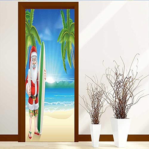Static Cling Glass Film Christmas ations by Santa Claus with Trunks on BeachSurfboard Humor Sunny Hot Christmas Privacy Window Film Decorative Window Film W31 x H79