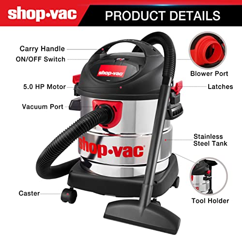 ShopVac 5 Gallon 5.0 Peak HP Wet/Dry Vacuum, Stainless Steel Tank