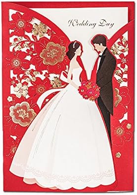 Everyshine Red Laser Cut Lace Flowers Groom&Bride Wedding Invitations (50)