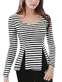Allegra K Allegra K Women Scoop Neck Stripes Long Sleeves Casual Peplum Top Black White M