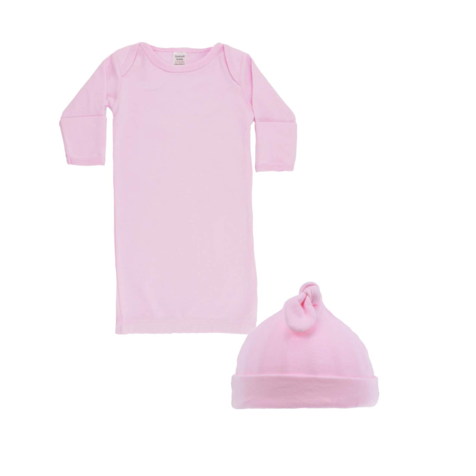 Baby Nightgown & Hat Outfit Set, Long Sleeved Pull Over Gown and Knot Hat Set, Boys & Girls, Pure Cotton Clothing, Pink, 0-3 Months