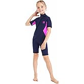 Summshall Kids Wetsuit, 2mm Girls Boys Shorty Wetsuits, Thermal Neoprene Swimsuit Warm Sun Protection Front Zip Ultra Stretch Diving Suit Chlid Wetsuit for Watersport