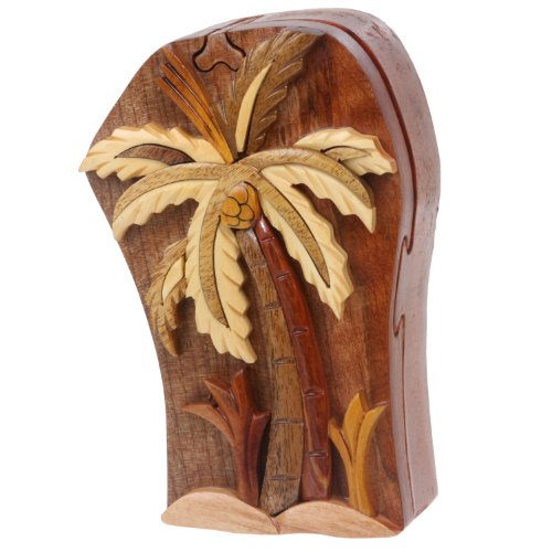 Handcrafted wooden secret jewelry puzzle box - palm tre…