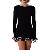 Naileksi Women Elegant Ruffle Hem Knit Mini Dress Long Sleeve Contrast Color Patchwork Bodycon Short Sweater Dress Fall