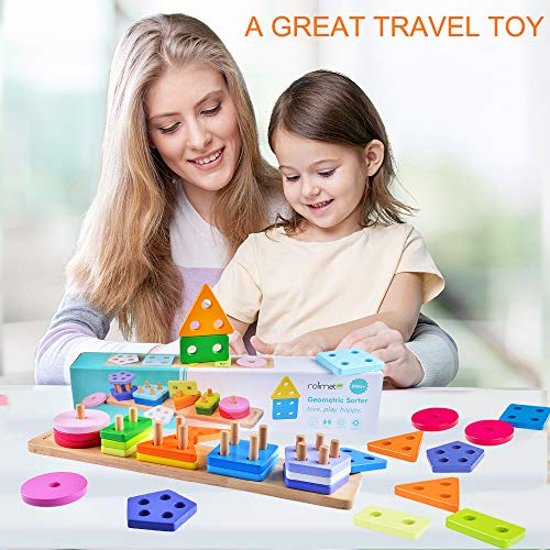 rolimate Wooden Educational Shape Color Recognition Geometric Board Block Stack Sort Chunky Puzzle Toys, Birthday Gift Toy for Age 3 4 5 Years Old and Up Kid Children Baby Toddler Boy Girl (ZY-201)