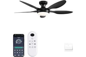 GJEG Ceiling Fan with Lights, 46 Inch Low Profile Ceiling Fan with Light and Remote/APP Control, Flush Mount 6 Speeds DC Reversible Dimmable Noiseless Timer Ceiling Fans for Bedroom, Indoor/Outdoor, Black