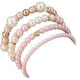 COLORFUL BLING Layered Pearl Stretch Bracelets Set for Women Daisy Flower Heart Star Simulated Pearl Stackable Elastic Bracelets Chunky Beaded Ball Adjustable Multilayer Bangles Wedding Jewelry Gift