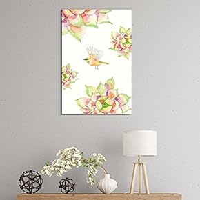 Canvas Wall Art Succulent Plants Series - Watercolor Succulents Plants with a Bird on White Background - Giclee Print Gallery Wrap Modern Home Art Ready to Hang - 12" x 18"